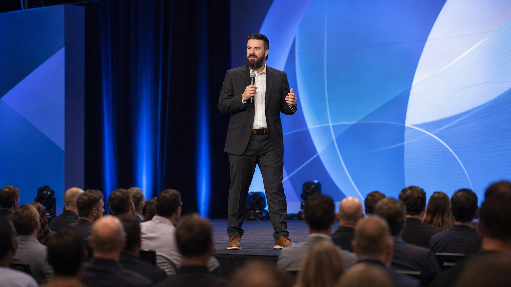 Trevor Bohannan speaking on stage at a technology conference